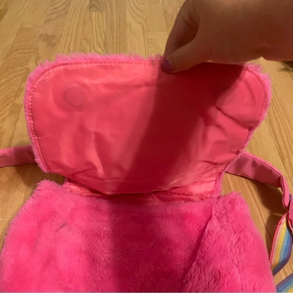 Disney Minnie Mouse Furry Fuzzy Book Bag Back Pack Rainbow Strap Kids